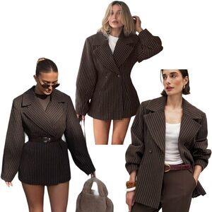 NA-KD Brown Wool Pinstripe Blazer Barrel Old Money Quiet Luxury 90s Retro 6 / 38